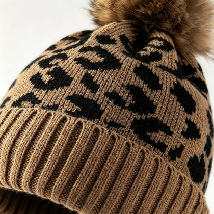 Leopard Cuff Pom Knit Beanie, Thick Warm Winter Outdoor Hat
