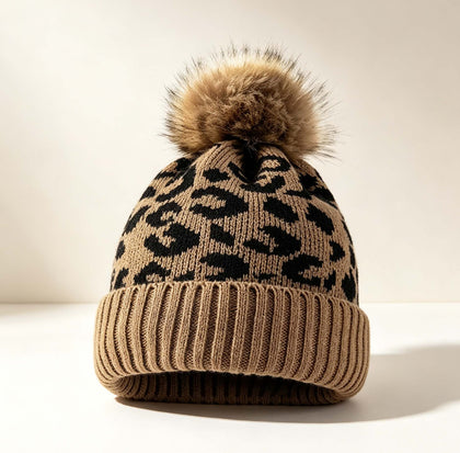 Leopard Cuff Pom Knit Beanie, Thick Warm Winter Outdoor Hat