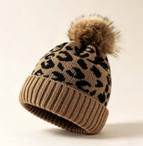 Leopard Cuff Pom Knit Beanie, Thick Warm Winter Outdoor Hat