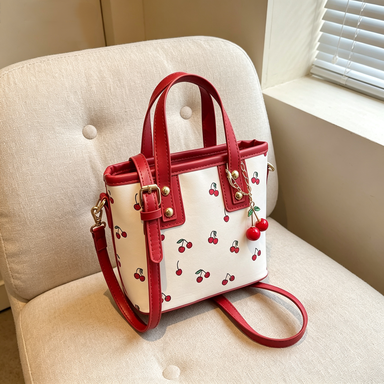 Korean Style Cherry Print Handheld Crescent Bag, Commuter Shoulder Crossbody Phone Mini Bag
