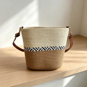 Color Block Woven Large Capacity Bucket Bag, Fashion Handheld Shoulder Crossbody Bag For Women