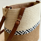 Color Block Woven Large Capacity Bucket Bag, Fashion Handheld Shoulder Crossbody Bag For Women