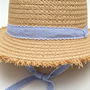 Blue Plaid Fringe Vacation Straw Hat