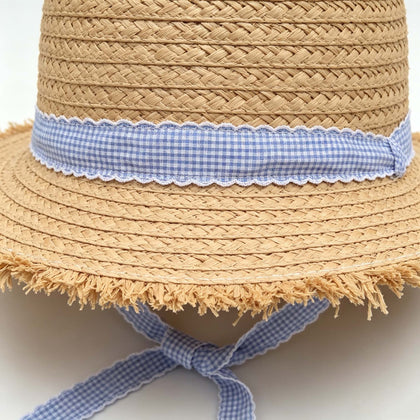 Blue Plaid Fringe Vacation Straw Hat