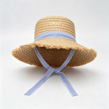 Blue Plaid Fringe Vacation Straw Hat