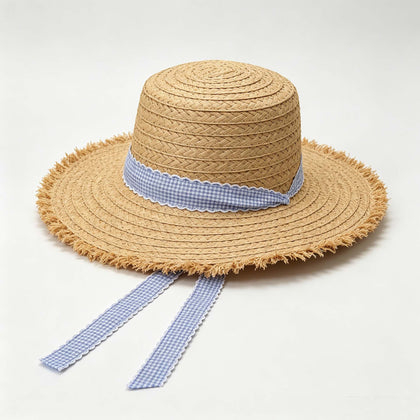 Blue Plaid Fringe Vacation Straw Hat