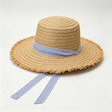 Blue Plaid Fringe Vacation Straw Hat